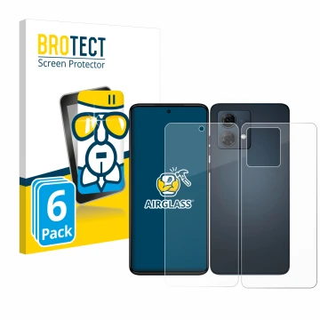 Face avant d’un emballage produit avec le logo de la marque BROTECT. À côté, l’appareil Motorola Moto G84 (Avant+Arrière) est 
