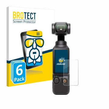 Face avant d’un emballage produit avec le logo de la marque BROTECT. À côté, l’appareil DJI Osmo Pocket 3 est représenté avec 