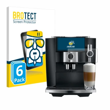 Face avant d’un emballage produit avec le logo de la marque BROTECT. À côté, l’appareil Jura J8 twin est représenté avec la pr