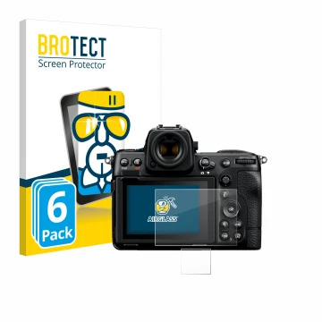 Face avant d’un emballage produit avec le logo de la marque BROTECT. À côté, l’appareil Nikon Z 8 (Affichage + affichage des é