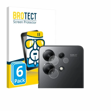 Face avant d’un emballage produit avec le logo de la marque BROTECT. À côté, l’appareil Xiaomi Redmi Note 13 (Caméra UNIQUEMEN