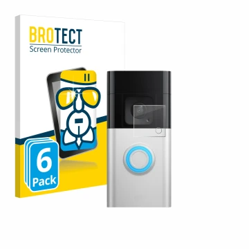 Face avant d’un emballage produit avec le logo de la marque BROTECT. À côté, l’appareil Ring Video Doorbell Plus est représent