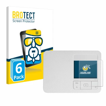 Face avant d’un emballage produit avec le logo de la marque BROTECT. À côté, l’appareil Canon Selphy CP1500 est représenté ave