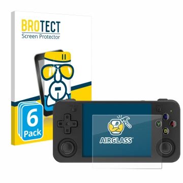 Face avant d’un emballage produit avec le logo de la marque BROTECT. À côté, l’appareil Anbernic RG35XX H est représenté avec 