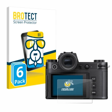 Face avant d’un emballage produit avec le logo de la marque BROTECT. À côté, l’appareil Leica SL3 est représenté avec la prote