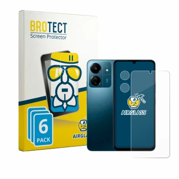 Face avant d’un emballage produit avec le logo de la marque BROTECT. À côté, l’appareil Xiaomi Redmi 13C (Avant+Caméra) est re