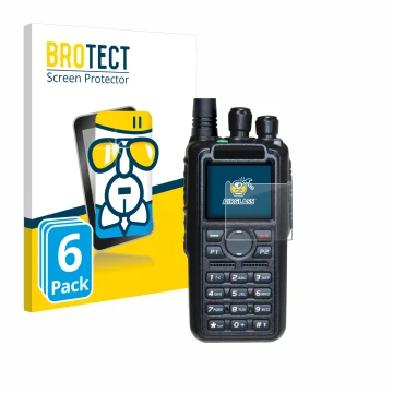 Face avant d’un emballage produit avec le logo de la marque BROTECT. À côté, l’appareil AnyTone AT-D878UV II Plus est représen