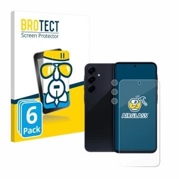Face avant d’un emballage produit avec le logo de la marque BROTECT. À côté, l’appareil Samsung Galaxy A55 5G (Avant+Caméra) e