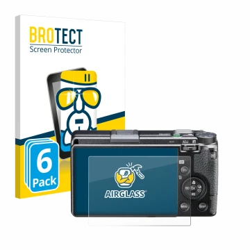 Face avant d’un emballage produit avec le logo de la marque BROTECT. À côté, l’appareil Ricoh GR IIIx HDF est représenté avec 