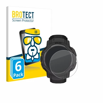 Face avant d’un emballage produit avec le logo de la marque BROTECT. À côté, l’appareil Garmin Instinct Crossover Solar est re