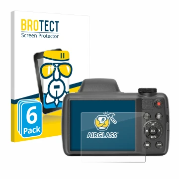 Face avant d’un emballage produit avec le logo de la marque BROTECT. À côté, l’appareil Kodak Pixpro AZ528 est représenté avec