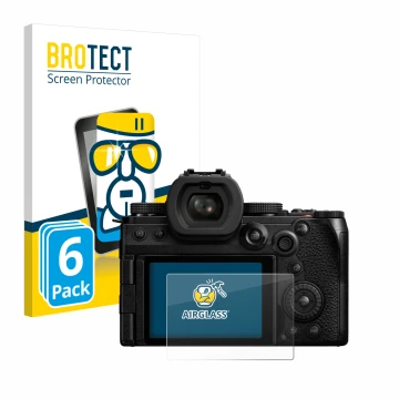 Face avant d’un emballage produit avec le logo de la marque BROTECT. À côté, l’appareil Panasonic Lumix DC-S5II est représenté