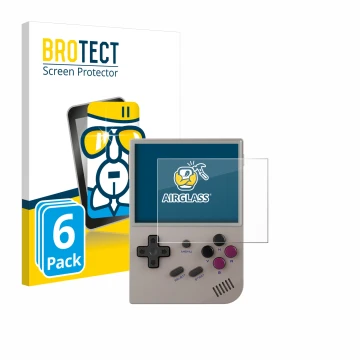 Face avant d’un emballage produit avec le logo de la marque BROTECT. À côté, l’appareil Anbernic RG35XX Plus est représenté av