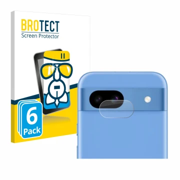 Face avant d’un emballage produit avec le logo de la marque BROTECT. À côté, l’appareil Google Pixel 8a (Caméra UNIQUEMENT) es