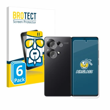 Face avant d’un emballage produit avec le logo de la marque BROTECT. À côté, l’appareil Xiaomi Redmi Note 13 Pro 4G (Avant+Cam