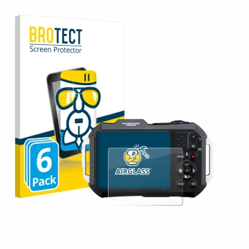 Face avant d’un emballage produit avec le logo de la marque BROTECT. À côté, l’appareil Ricoh Pentax WG-1000 est représenté av