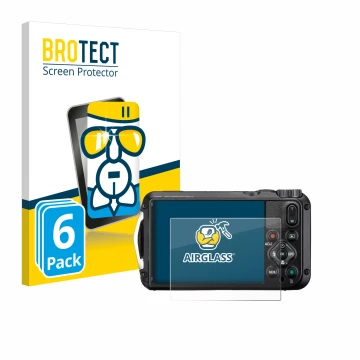 Face avant d’un emballage produit avec le logo de la marque BROTECT. À côté, l’appareil Ricoh Pentax WG-8 est représenté avec 
