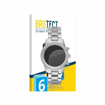 Face avant d’un emballage produit avec le logo de la marque BROTECT. À côté, l’appareil Michael Kors Ritz MK6428 est représent