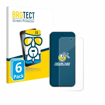 Face avant d’un emballage produit avec le logo de la marque BROTECT. À côté, l’appareil Google Pixel 9 Pro est représenté avec