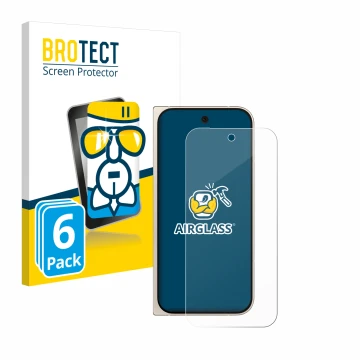 Face avant d’un emballage produit avec le logo de la marque BROTECT. À côté, l’appareil Google Pixel 9 Pro Fold est représenté