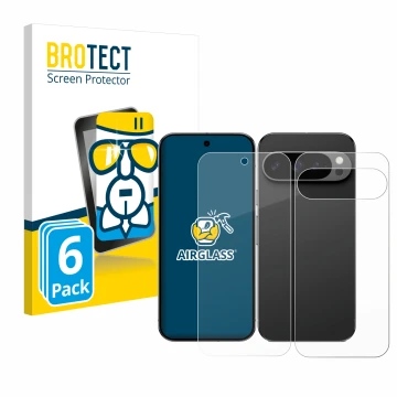 Face avant d’un emballage produit avec le logo de la marque BROTECT. À côté, l’appareil Google Pixel 9 Pro (Avant+Arrière) est