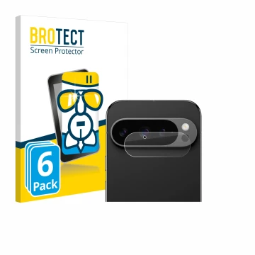 Face avant d’un emballage produit avec le logo de la marque BROTECT. À côté, l’appareil Google Pixel 9 Pro (Caméra UNIQUEMENT)