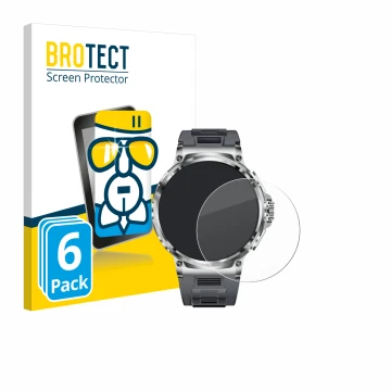 Face avant d’un emballage produit avec le logo de la marque BROTECT. À côté, l’appareil Smartwatch V69 1.85