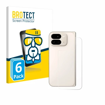 Face avant d’un emballage produit avec le logo de la marque BROTECT. À côté, l’appareil Google Pixel 9 Pro Fold (Arrière) est 