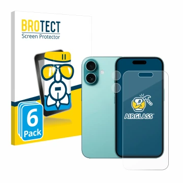 Face avant d’un emballage produit avec le logo de la marque BROTECT. À côté, l’appareil Apple iPhone 16 (Avant+Caméra) est rep