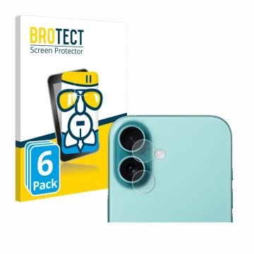 Face avant d’un emballage produit avec le logo de la marque BROTECT. À côté, l’appareil Apple iPhone 16 Plus (Caméra UNIQUEMEN