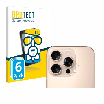 Face avant d’un emballage produit avec le logo de la marque BROTECT. À côté, l’appareil Apple iPhone 16 Pro Max (Caméra UNIQUE