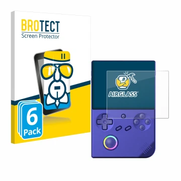 Face avant d’un emballage produit avec le logo de la marque BROTECT. À côté, l’appareil Anbernic RG40XXV est représenté avec l