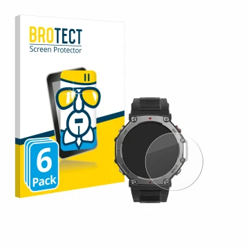 Face avant d’un emballage produit avec le logo de la marque BROTECT. À côté, l’appareil Huami Amazfit T-Rex 3 est représenté a