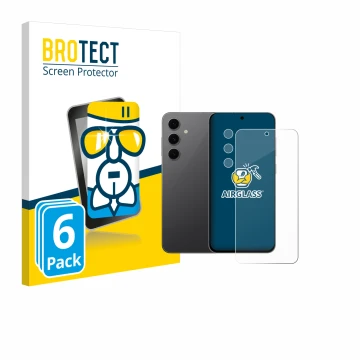 Face avant d’un emballage produit avec le logo de la marque BROTECT. À côté, l’appareil Samsung Galaxy S24 FE (Avant+Caméra) e