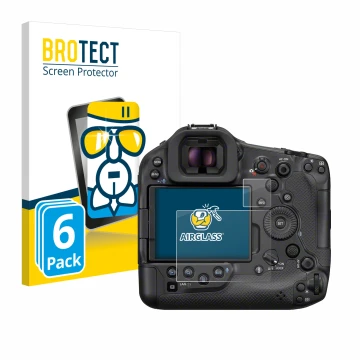 Face avant d’un emballage produit avec le logo de la marque BROTECT. À côté, l’appareil Canon EOS R1 est représenté avec la pr