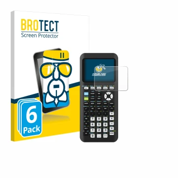 Face avant d’un emballage produit avec le logo de la marque BROTECT. À côté, l’appareil Texas Instruments TI-84 Plus CE-T Pyth