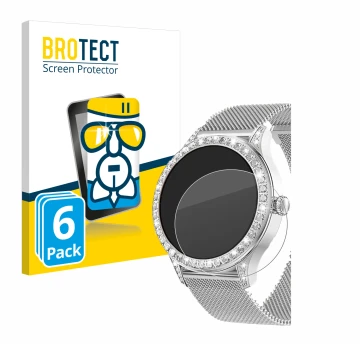 Face avant d’un emballage produit avec le logo de la marque BROTECT. À côté, l’appareil Powerwill Smartwatch 1.27