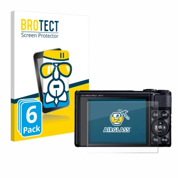 Face avant d’un emballage produit avec le logo de la marque BROTECT. À côté, l’appareil Canon PowerShot SX740 HS Lite est repr