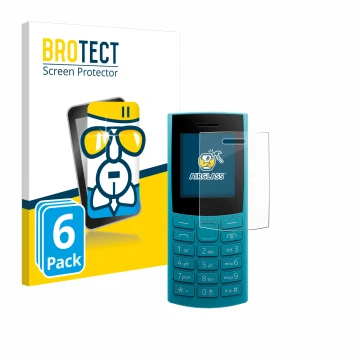 Face avant d’un emballage produit avec le logo de la marque BROTECT. À côté, l’appareil Nokia 105 4G 2nd Edition est représent