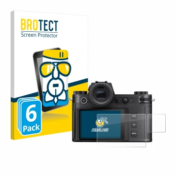 Face avant d’un emballage produit avec le logo de la marque BROTECT. À côté, l’appareil Leica SL3-S (Affichage + affichage des