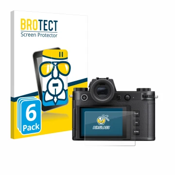 Face avant d’un emballage produit avec le logo de la marque BROTECT. À côté, l’appareil Leica SL3-S est représenté avec la pro