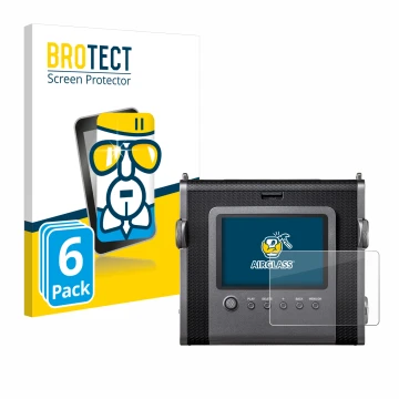 Face avant d’un emballage produit avec le logo de la marque BROTECT. À côté, l’appareil Fujifilm Instax Wide Evo est représent