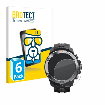 Face avant d’un emballage produit avec le logo de la marque BROTECT. À côté, l’appareil Xiaomi Mibro GS Explorer est représent