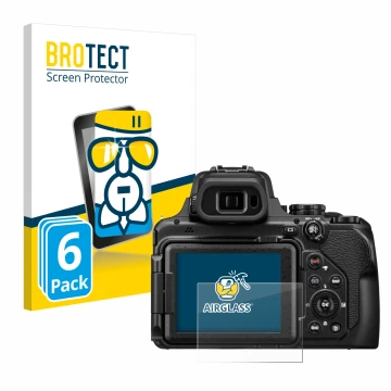 Face avant d’un emballage produit avec le logo de la marque BROTECT. À côté, l’appareil Nikon Coolpix P1100 est représenté ave