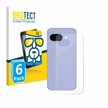 Face avant d’un emballage produit avec le logo de la marque BROTECT. À côté, l’appareil Google Pixel 9a (Arrière) est représen