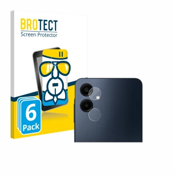 Face avant d’un emballage produit avec le logo de la marque BROTECT. À côté, l’appareil Samsung Galaxy A06 5G (Caméra UNIQUEME