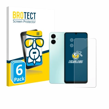 Face avant d’un emballage produit avec le logo de la marque BROTECT. À côté, l’appareil Samsung Galaxy A06 5G (Avant+Caméra) e