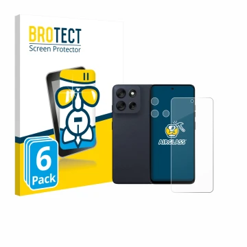 Face avant d’un emballage produit avec le logo de la marque BROTECT. À côté, l’appareil Motorola Moto G56 (Avant+Caméra) est r
