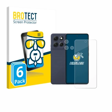 Face avant d’un emballage produit avec le logo de la marque BROTECT. À côté, l’appareil Motorola Moto G86 (Avant+Caméra) est r