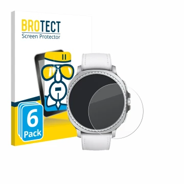 Face avant d’un emballage produit avec le logo de la marque BROTECT. À côté, l’appareil Samsung Galaxy Watch 8 Classic (46 mm)
